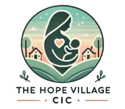 A graphic depiction of a woman holding a baby, with houses and trees in the background, and the text "The Hope Village CIC" below.
