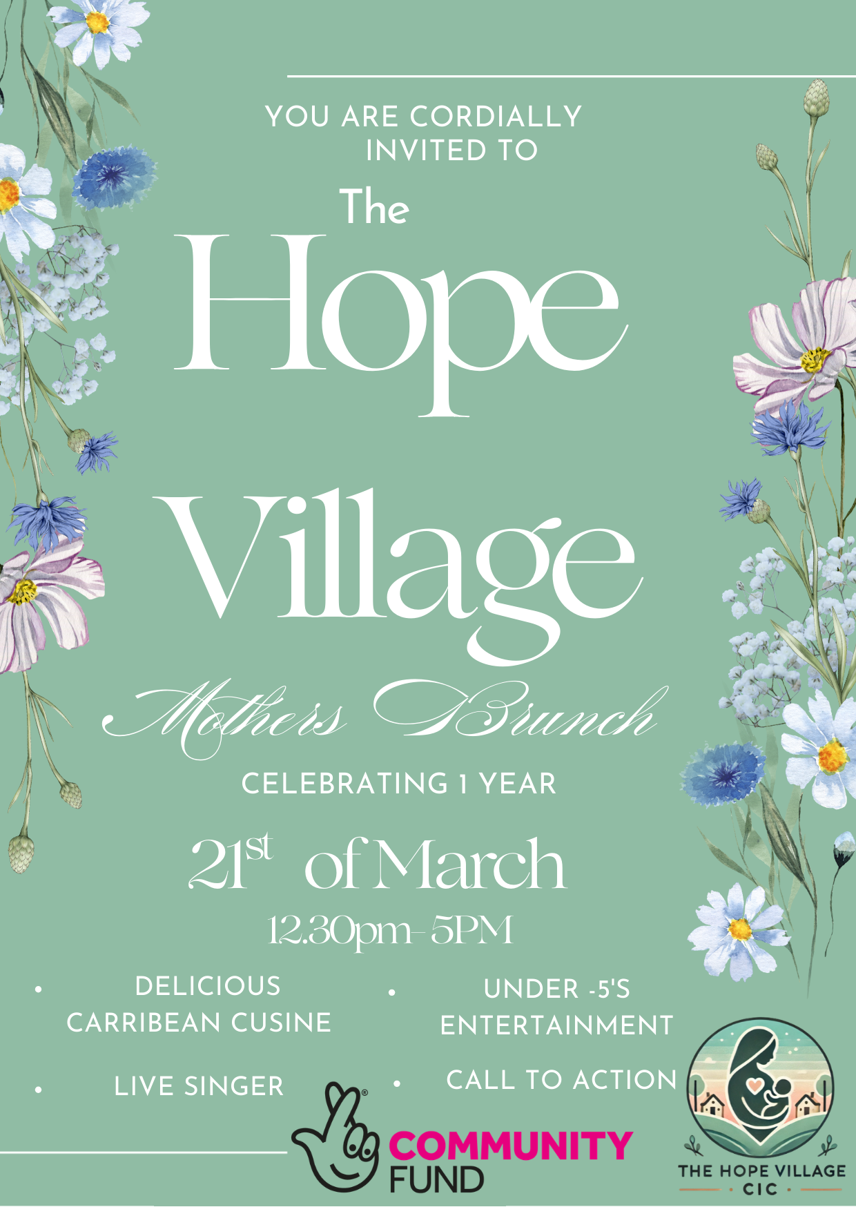 Invitation poster for The Hope Village Mother's Brunch, celebrating 1 year on March 21st from 12:30 PM to 5 PM, featuring Caribbean cuisine, live singer, under-5 entertainment, and a call to action. Decorated with illustrations of flowers and a logo of a mother and child at sunset.