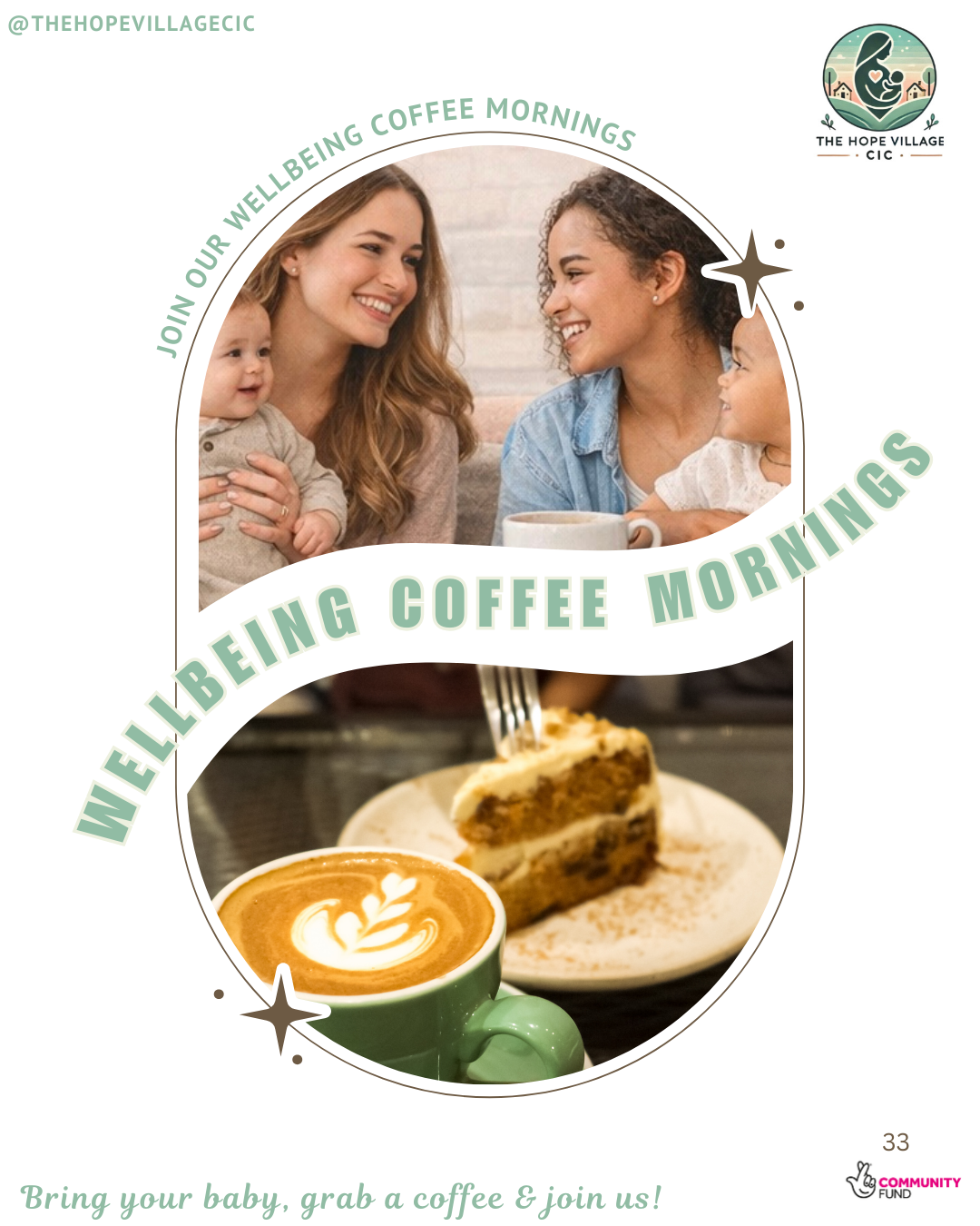 A flyer for 'Wellington Coffee Mornings' featuring a photo of two women holding babies and smiling at each other at a cafe, with a cup of coffee and a piece of cake on a plate in the foreground, promoting bringing babies and coffee together.