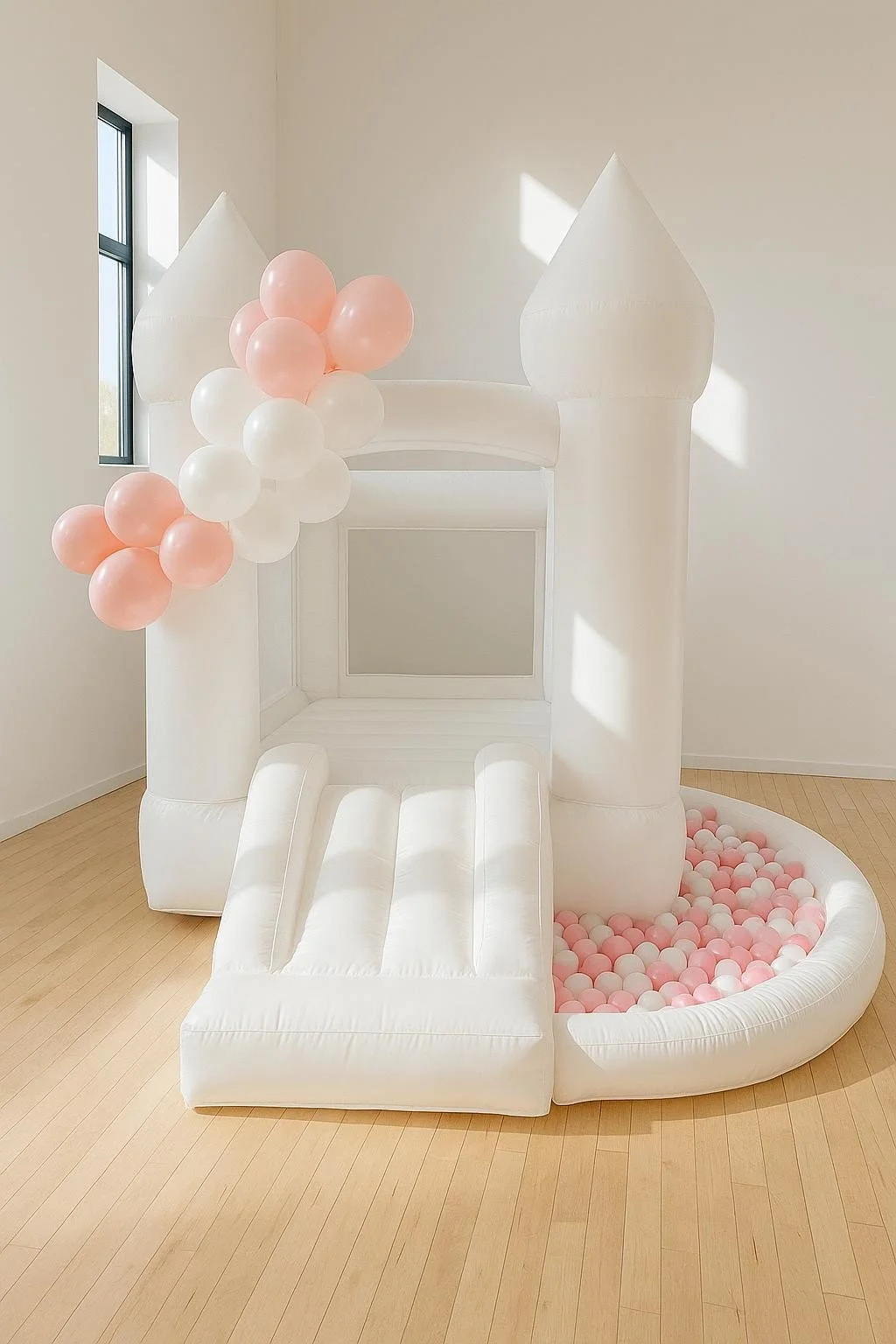 White inflatable castle with pink and white balloons attached, set in a room with a wooden floor and a window.
