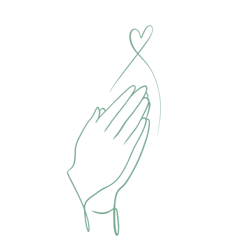A minimalist line drawing of two hands pressed together in prayer with a heart-shaped line above them.
