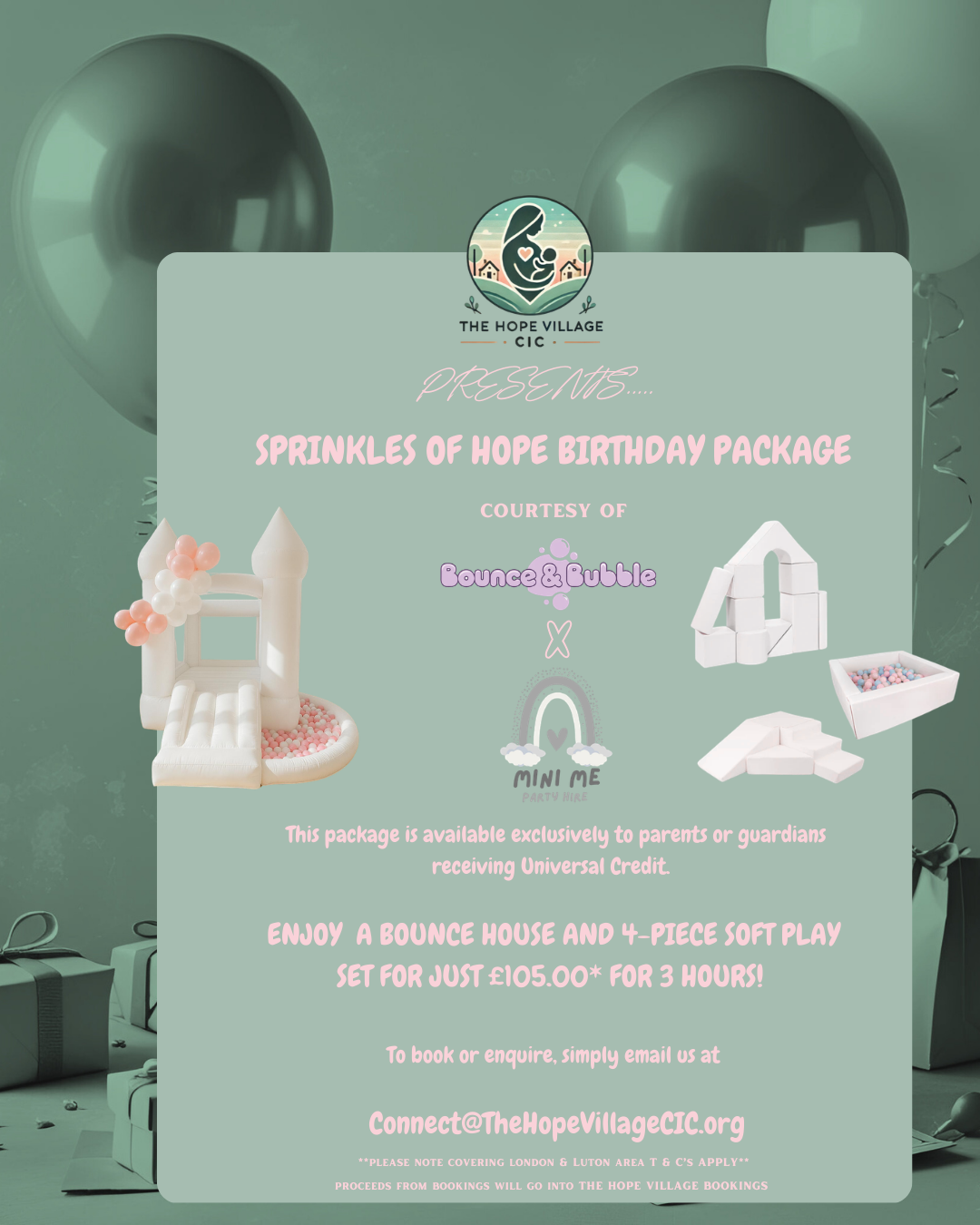 Flyer for the Sprinkles of Hope Birthday Package featuring a miniature bounce house and soft play set, with balloons and presents in the background.