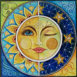 A colorful sun and moon celestial artwork with sun on the left displaying a sun with a face, one eye open and the other closed, and moon on the right with a face, both surrounded by stars and decorative patterns.