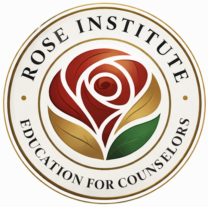 Circular logo for Rose Institute, education for counselors, featuring a stylized rose with red, gold, and green colors, and the institute's name encircling it.