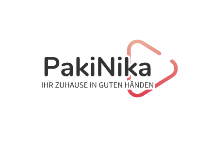 Logo mit Text 'PakiNika' und Slogan 'Ihr Zuhause in guten Händen' sowie einer stilisierten Bindung.