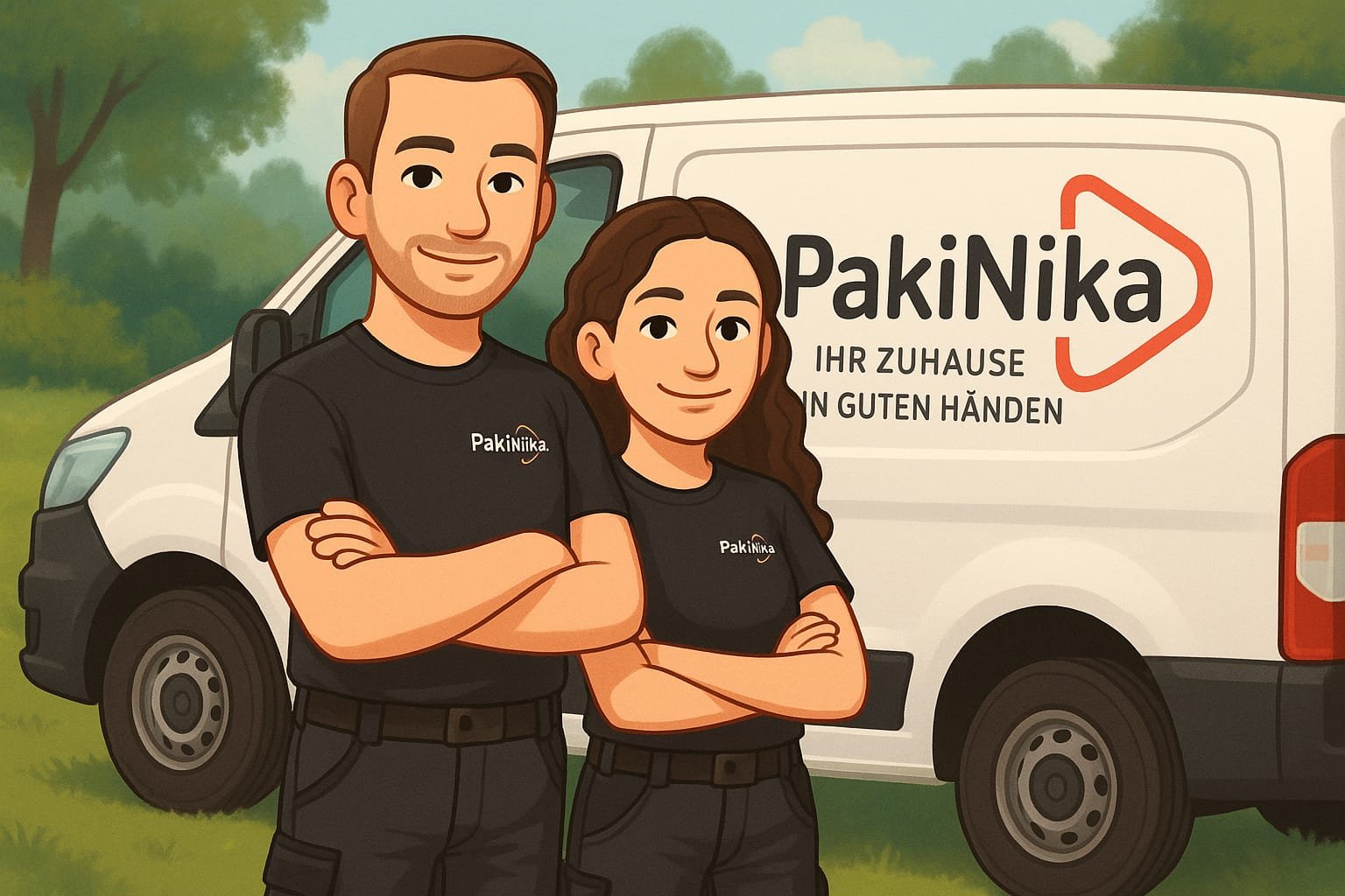 Eine Illustration von einem Mann und einer Frau in schwarzen T-Shirts mit dem Logo 'PakiNika', die vor einem weißen Lieferwagen stehen. Der Lieferwagen trägt das Logo 'PakiNika' und den Slogan 'Ihr Zuhause in guten Händen'.