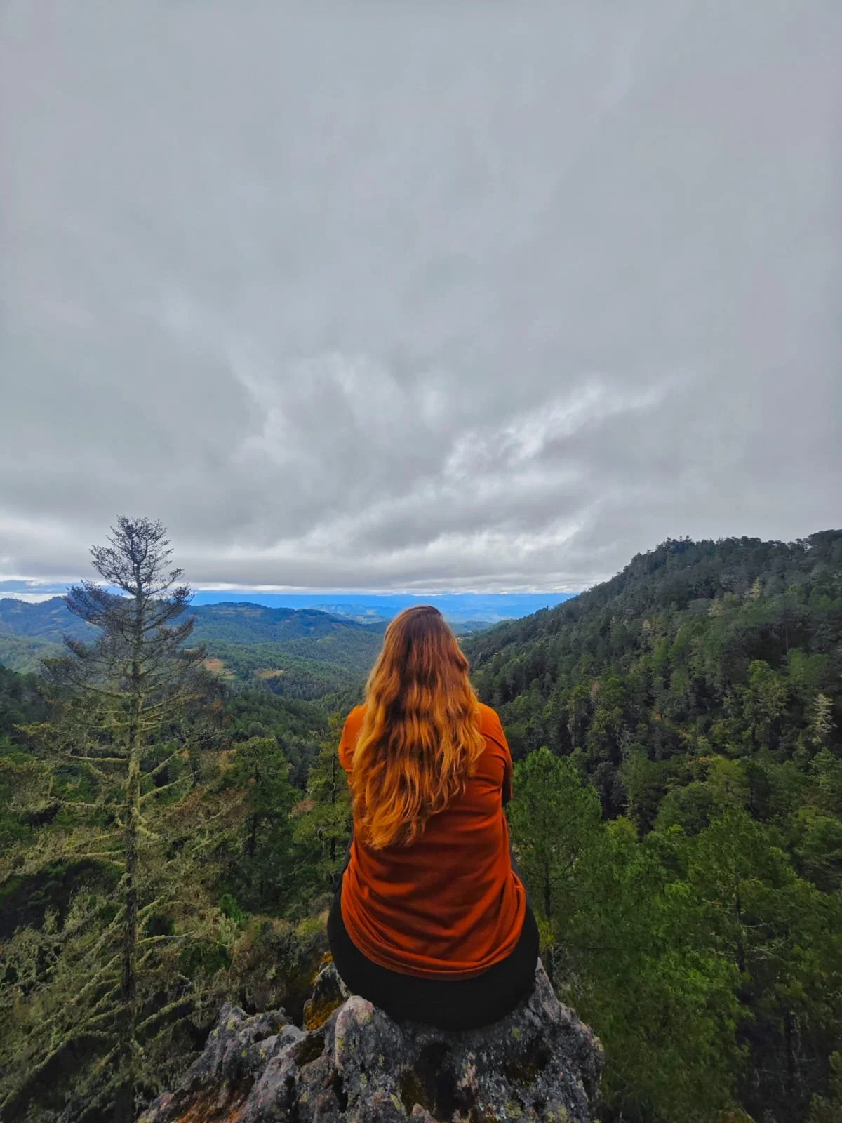 A woman with long red hair sitting on rock, overlooking a valley with green forested hills and cloudy sky.