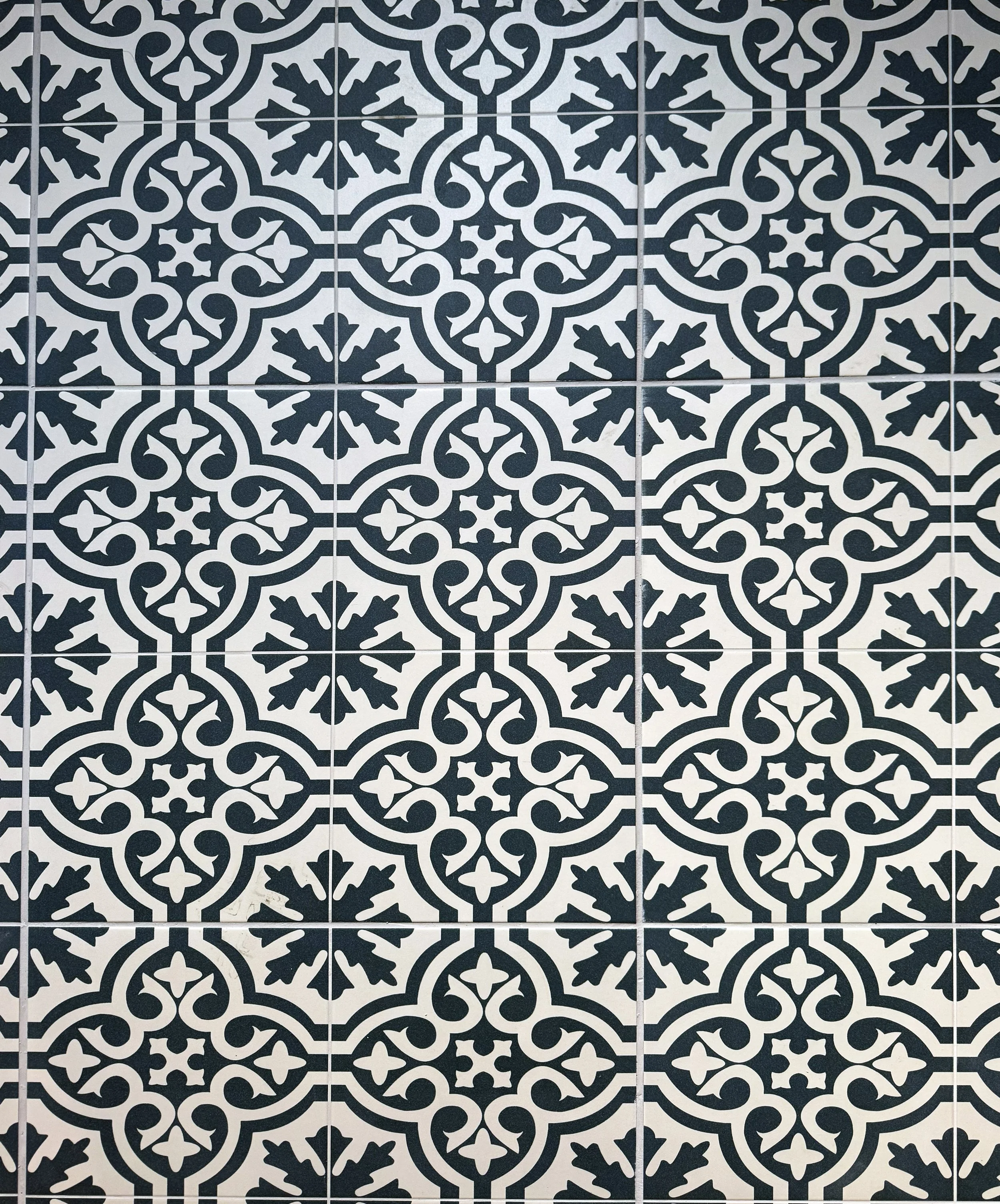 Patterned black and white tiles with intricate geometric designs.