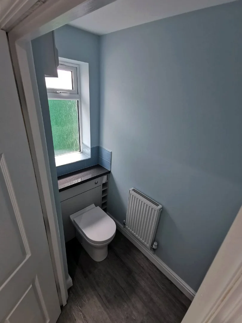 Small bathroom with blue walls, a window, a white toilet, a radiator on the wall, and a dark countertop.