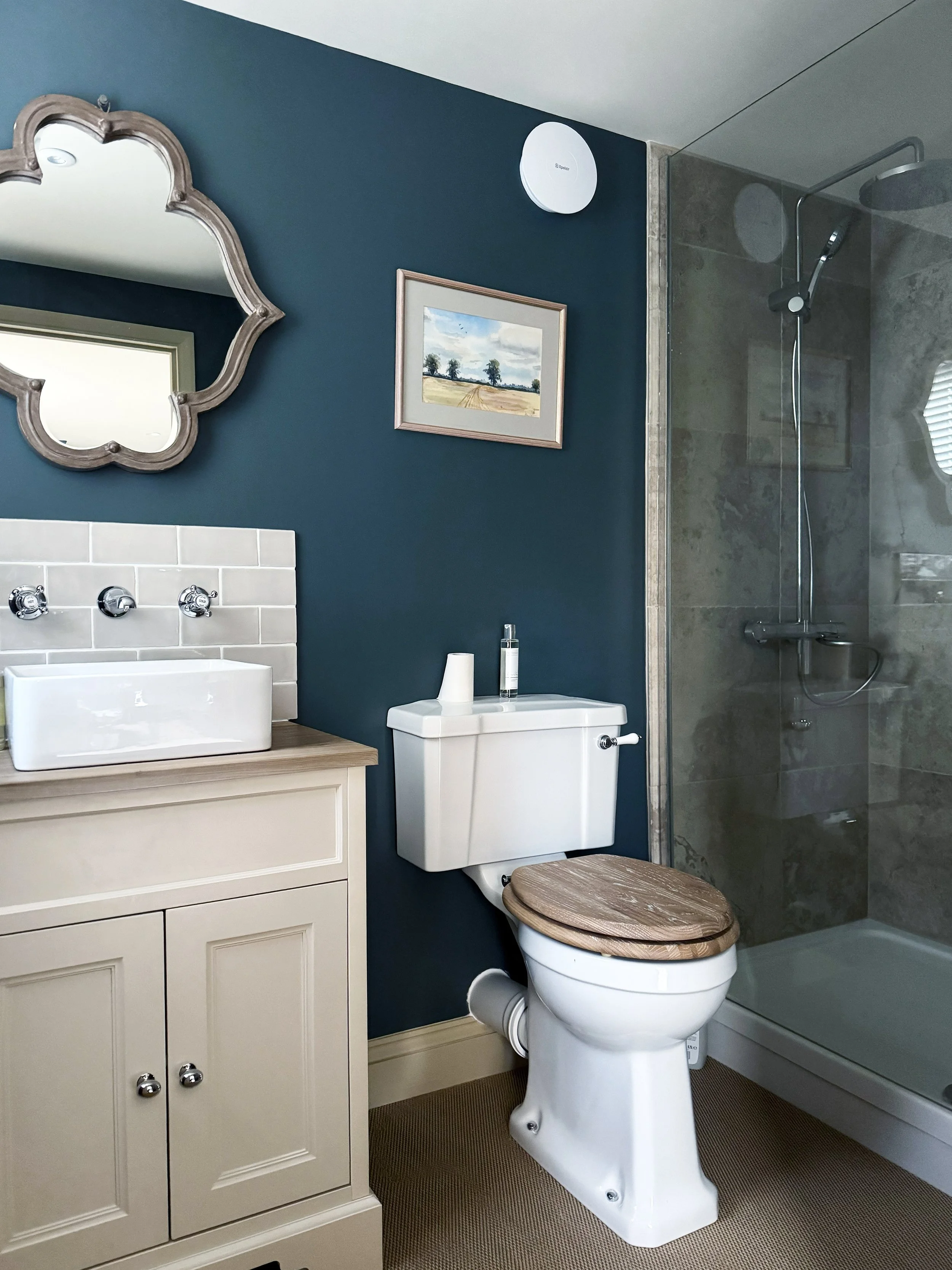 Bathroom with a beige vanity, vessel sink, wall-mounted mirror, framed landscape painting, toilet with a wooden seat, glass-enclosed shower, dark teal wall, and beige carpeted floor.