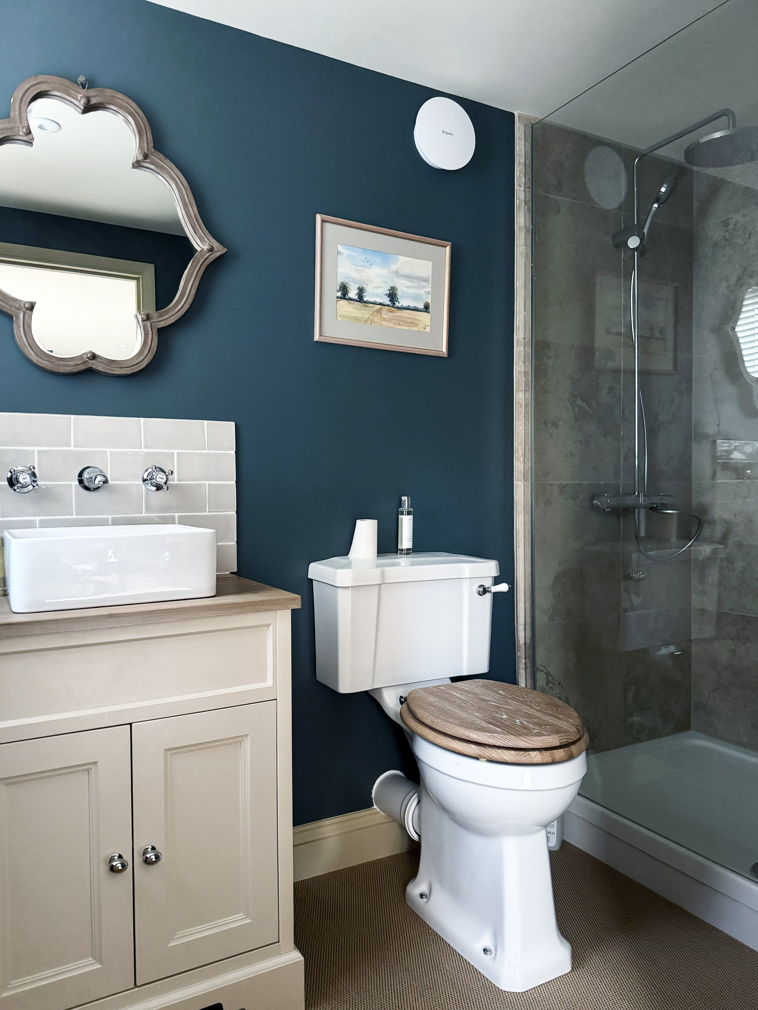 A bathroom with a blue wall, a white vanity with a vessel sink, a framed landscape painting, a white toilet with a wooden seat, a chrome grab bar, and a glass-enclosed shower with tiled walls.