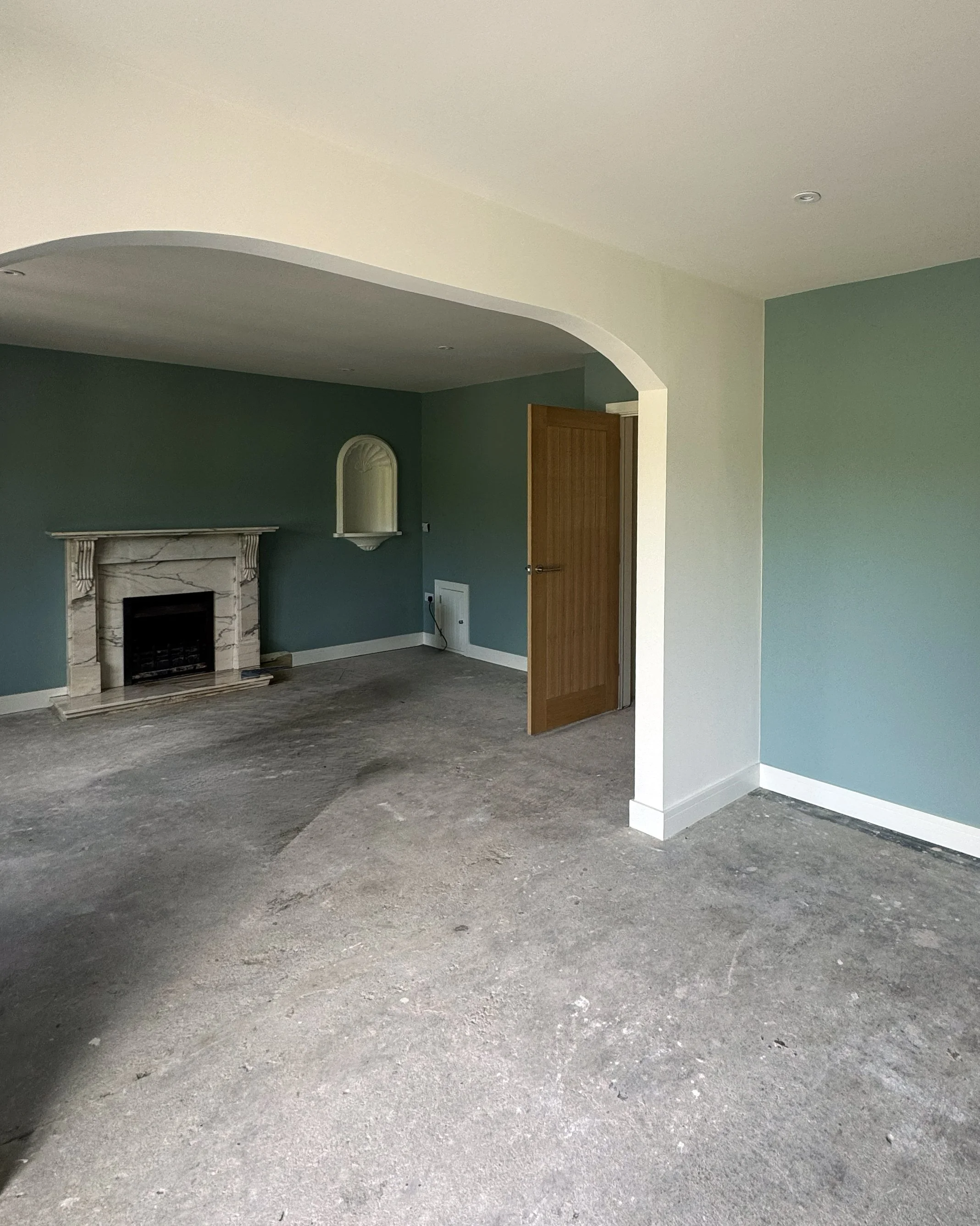 Interior of a room with green walls, a fireplace, an arched wall niche, a wooden door, and a concrete floor.