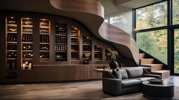 A wine cellar featuring a curved staircase leading to a higher level, surrounded by shelves of wine bottles.