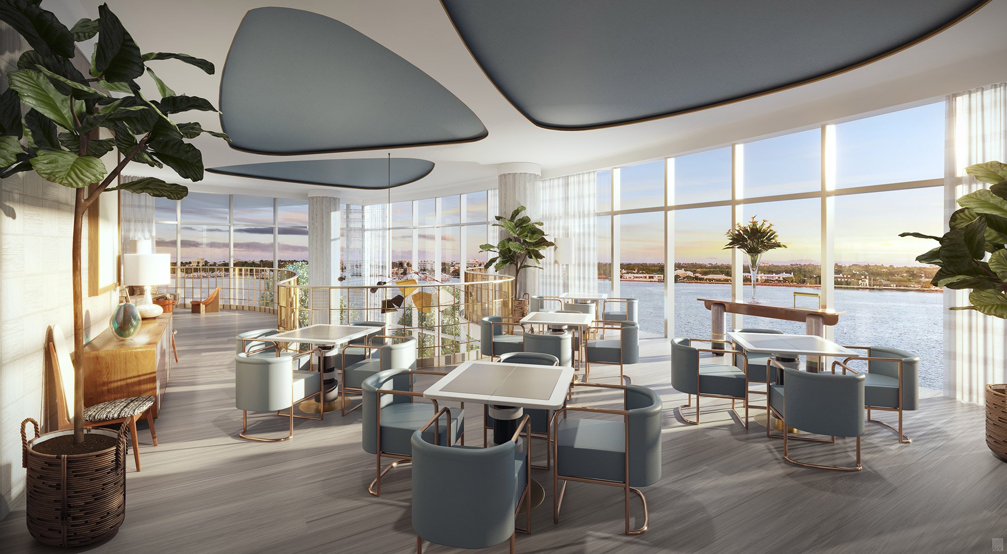 Panoramic view from the top floor of the new hotel, showcasing the city skyline and surrounding landscape.