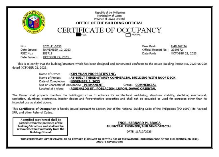 A certificate of occupancy displayed on a plain white background, indicating approval for building use.