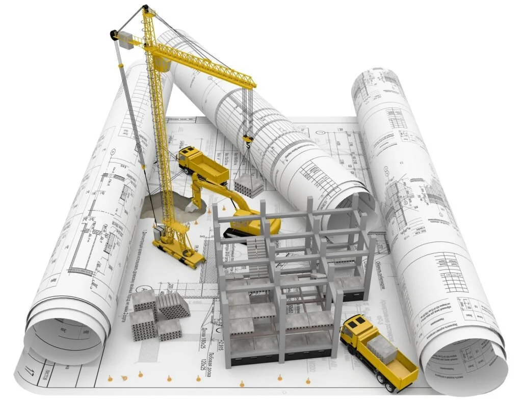 3D rendering of construction plans alongside various construction equipment, showcasing a detailed building project layout.