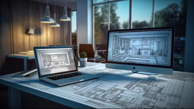 Two computers sit on a desk surrounded by architectural drawings and blueprints, indicating a design workspace.