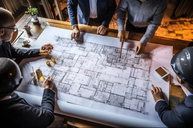 A group of people gathered around a table, examining a detailed blueprint together.