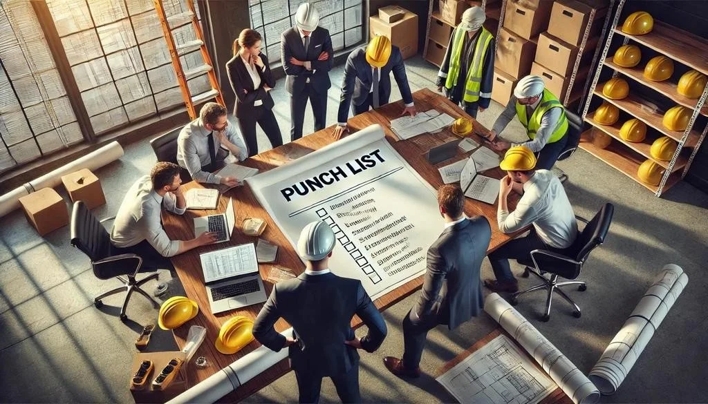 A diverse group of people collaborating on a project, reviewing a list of items on a table.