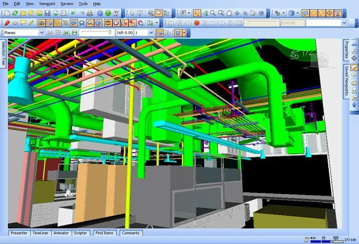 Image of a computer screen depicting a building with extensive piping, emphasizing its mechanical and structural elements.