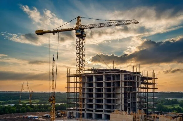 A construction crane towering over a busy construction site, surrounded by building materials and workers.
