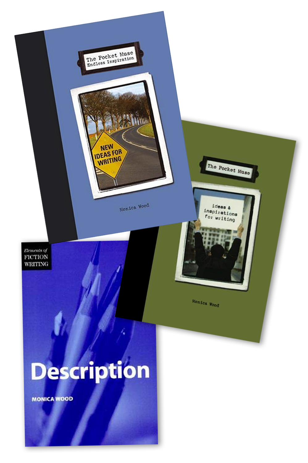 Three books with different covers, two of which are titled "The Pocket Muse" with subtitles about writing ideas and inspiration, and the third titled "Description" by Monica Wood, featuring an image of pens.