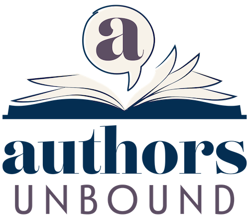 Logo for 'Authors Unbound' featuring an open book with a speech bubble above containing the letter 'a'.