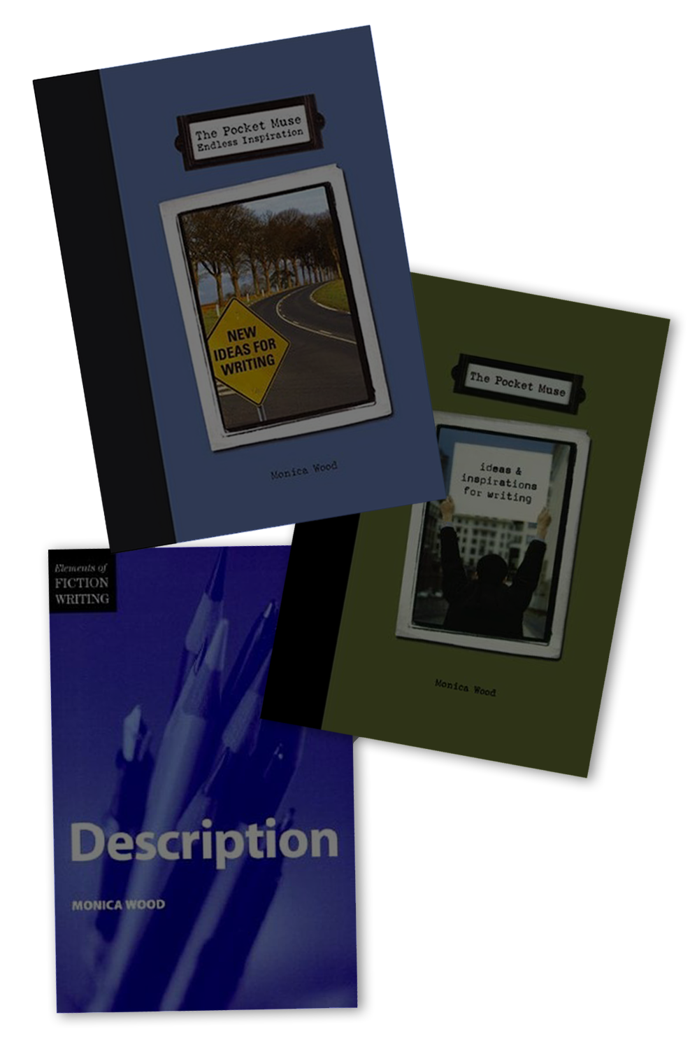 Three books with the titles 'The Pocket Muse Endless Inspiration,' 'The Pocket Muse Ideas & Inspirations for Writing,' and 'Description' by Monica Wood, with covers displaying images of a road, a person holding a sign, and pens, respectively.