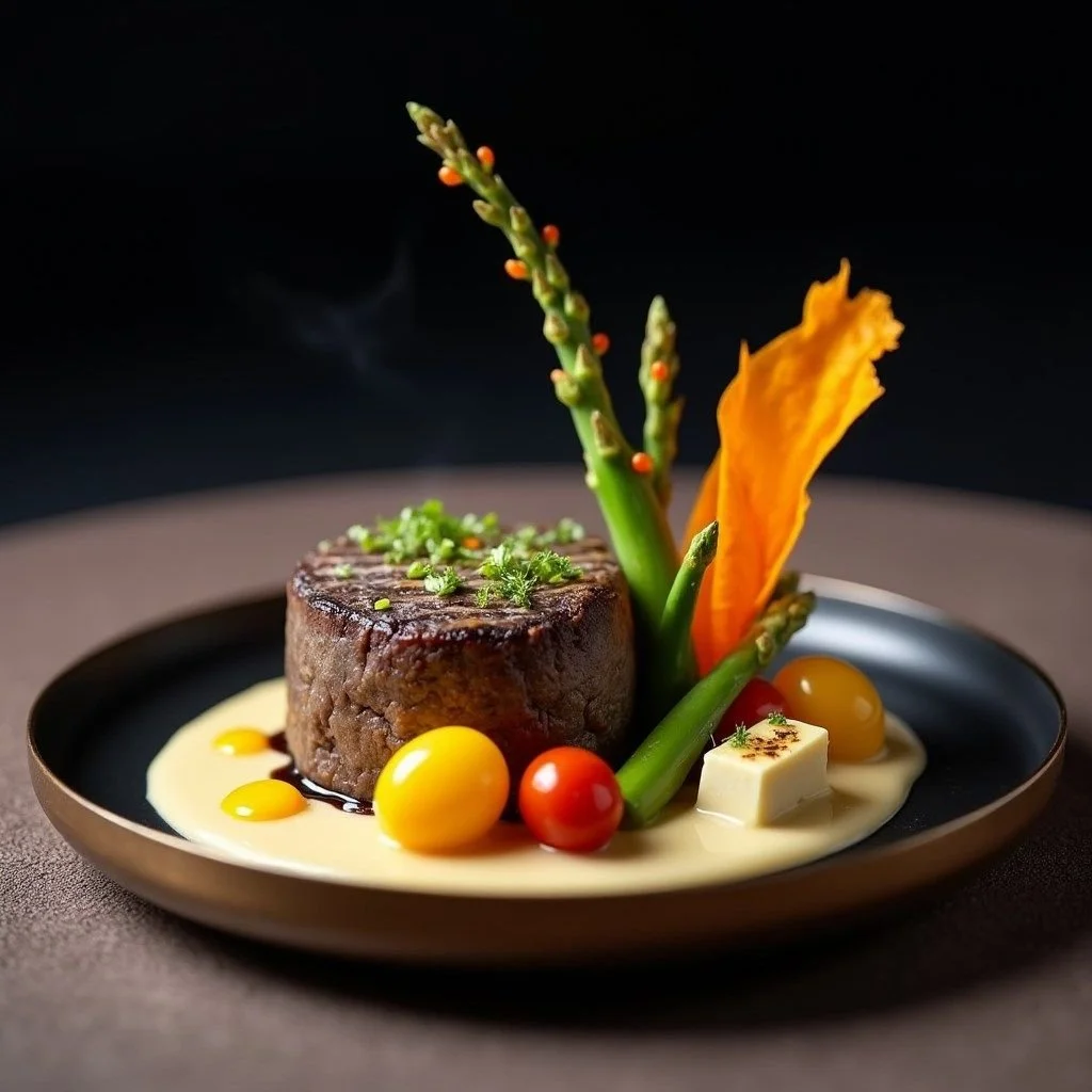 A plated gourmet dish featuring a round piece of cooked meat topped with herbs, served with yellow and red cherry tomatoes, asparagus, an orange edible leaf, a small white piece of cheese, and a drizzle of sauce on a black plate against a dark background.