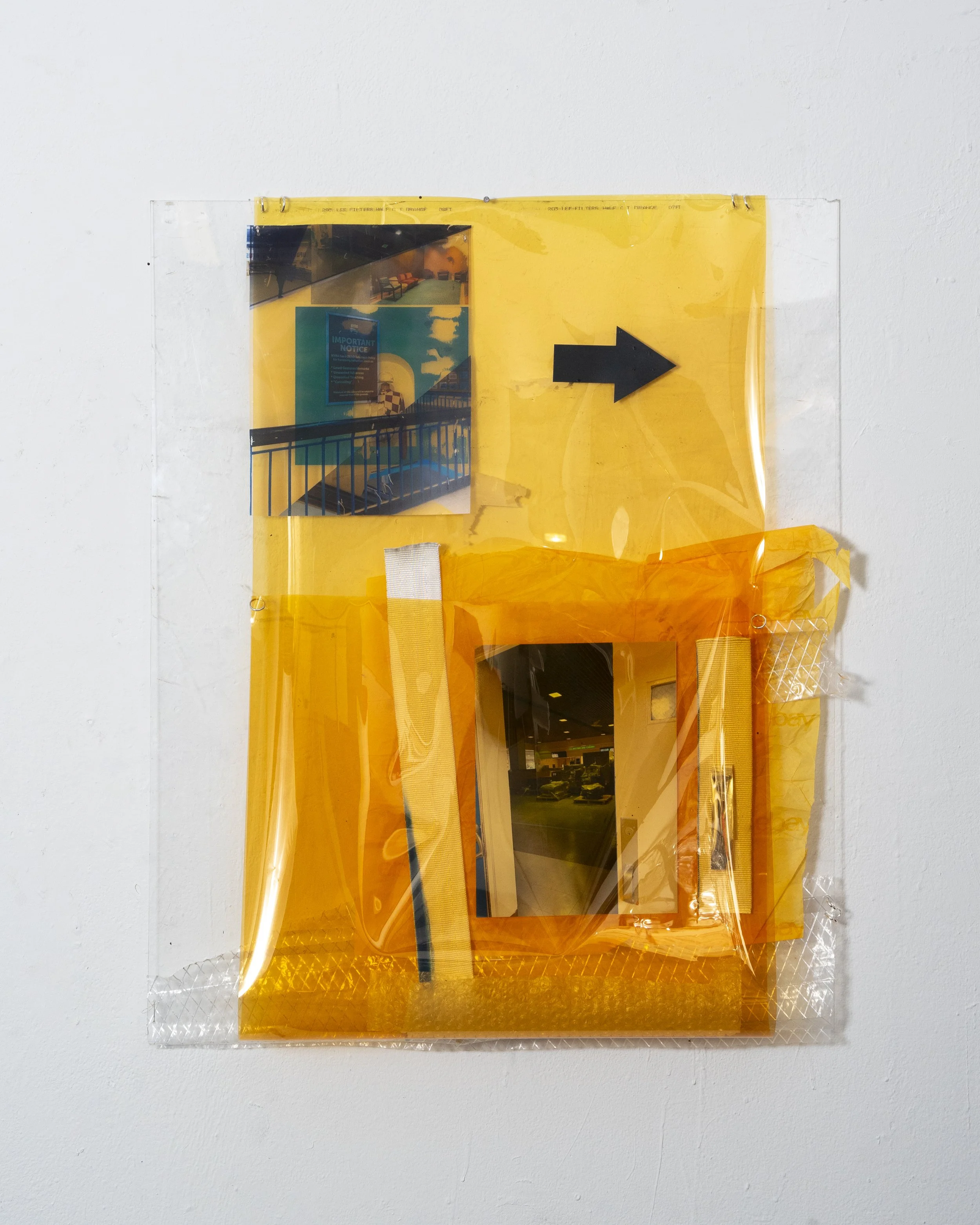 Notice

31x25x3 inches
Plastic, yellow transparency paper, 
transparency paper, vinyl arrow, 
aluminum coated hoops, seatbelt webbing, 
transparent reinforced sheeting, 
wrapping paper, inkjet print, aquarelle, 
reflective envelope lining, 
tape, bub