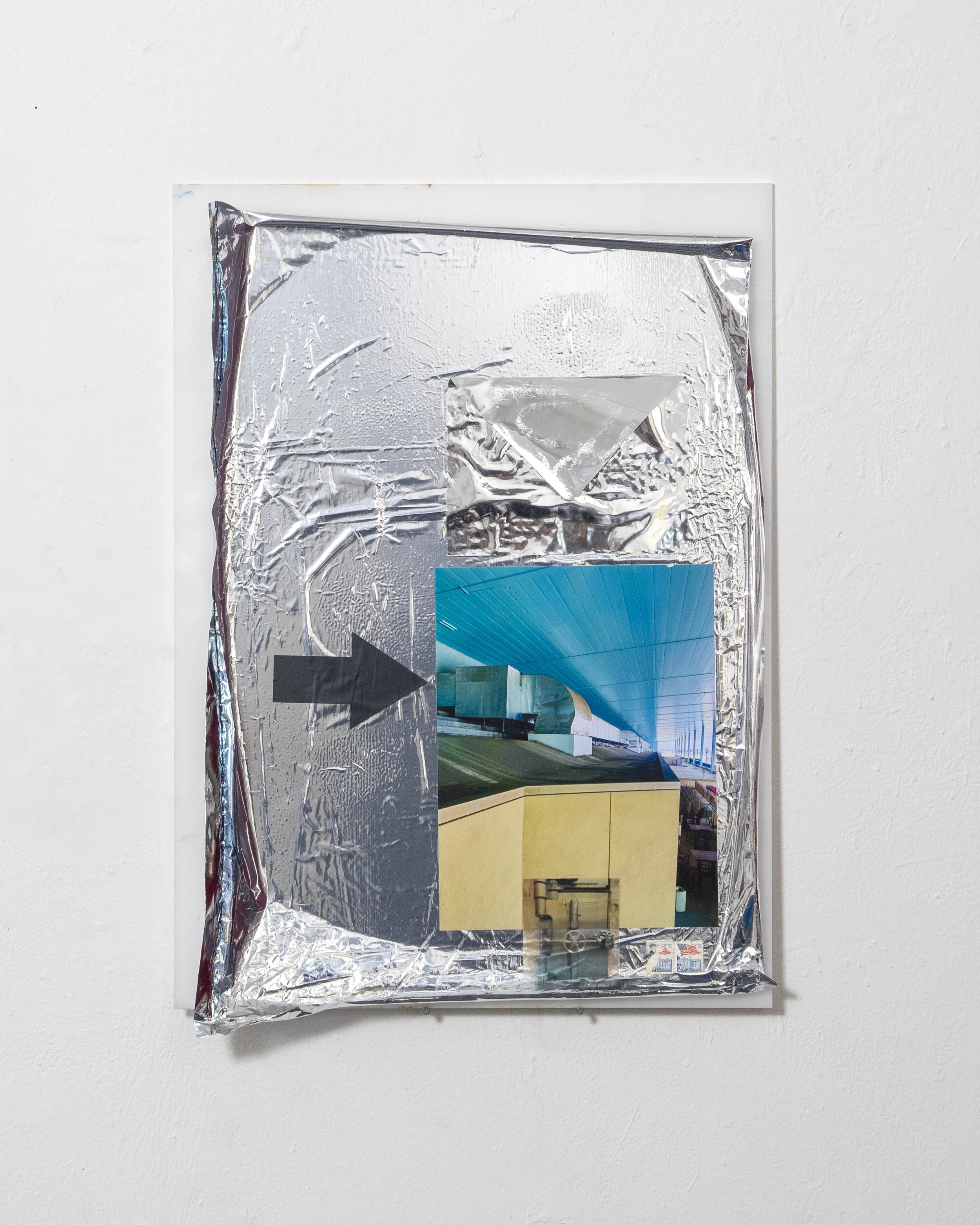 Love Letter

24x17.5 inches
2026
Insulation Material, Inkjet Print, 
Transparency Paper, 
Reflective material from John and Alex’s wedding invitation, 
Vinyl, Plastic, Stamps