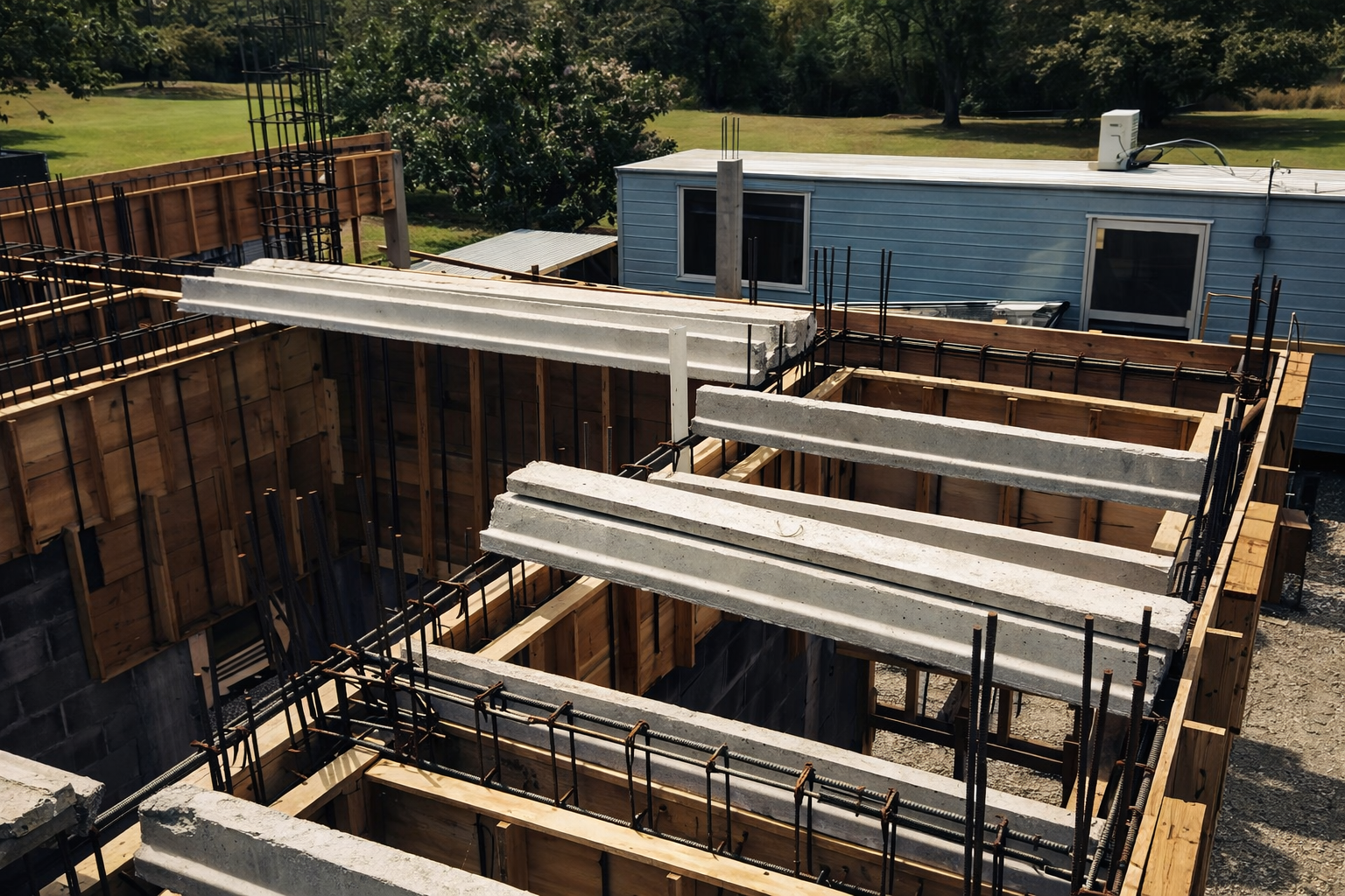 Construction site with exposed concrete beams, rebar, and wooden formwork for a building foundation, with a white mobile home and greenery in the background.