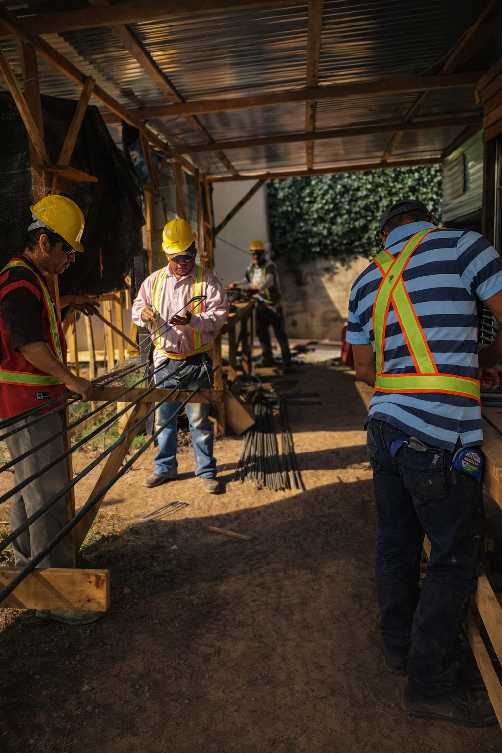 Construction workers wearing yellow hard hats and reflective vests working on a building frame.