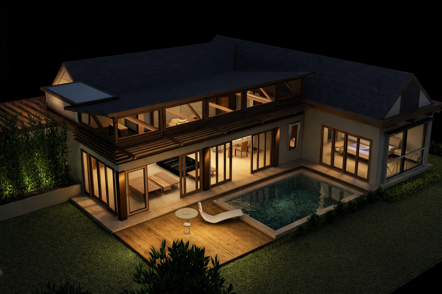 Modern two-story house at night with large glass windows, outdoor pool with lounge chair, deck area, and surrounding greenery.