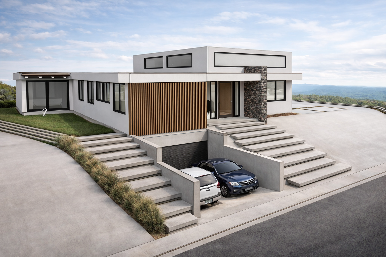 Modern house with white exterior, black-framed windows, wooden accents, stone wall, and a garage with two cars parked outside, surrounded by stairs and landscaping under a blue sky.