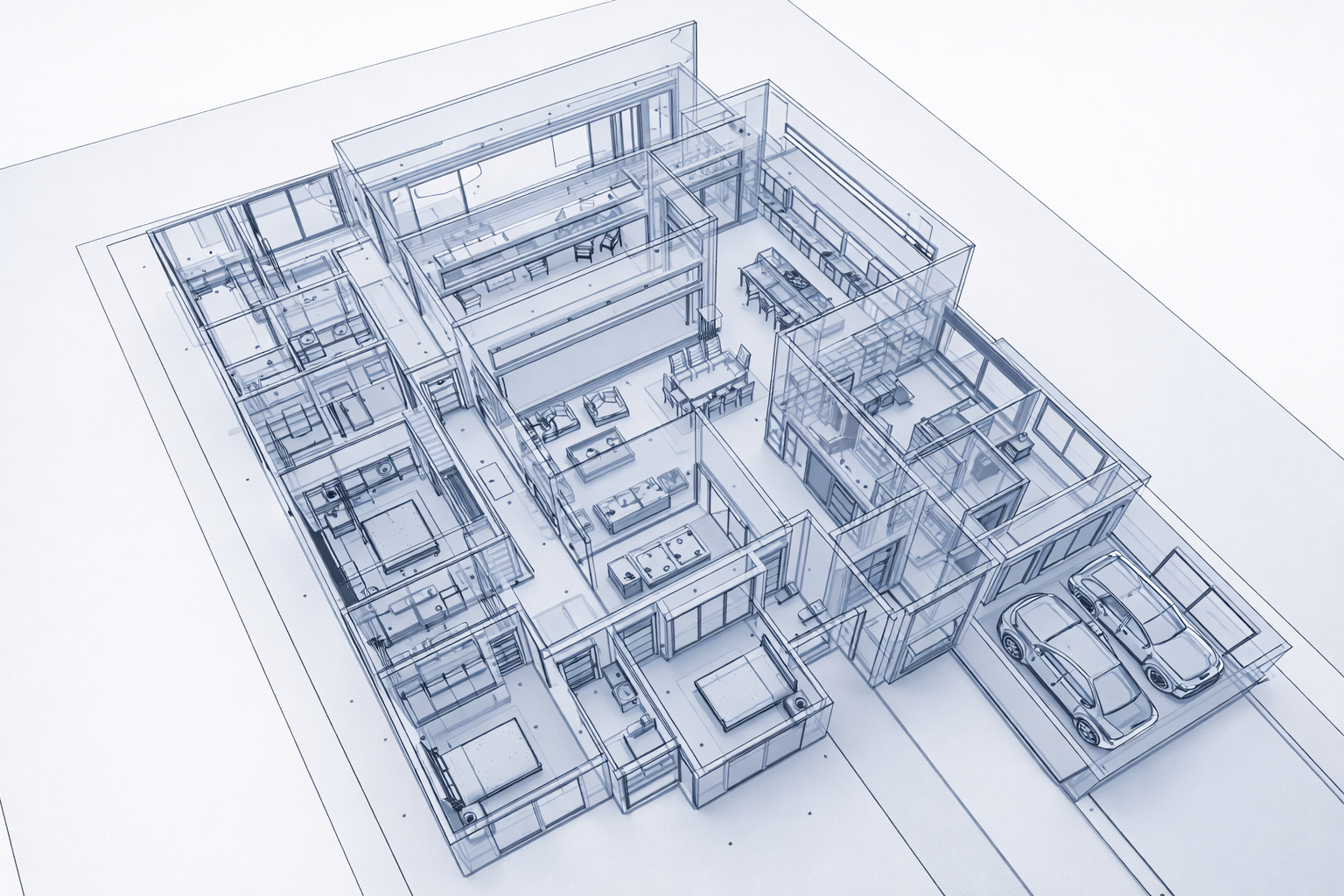 A detailed architectural blueprint of a modern, multi-room house with living areas, bedrooms, bathrooms, kitchen, and garage with two cars.