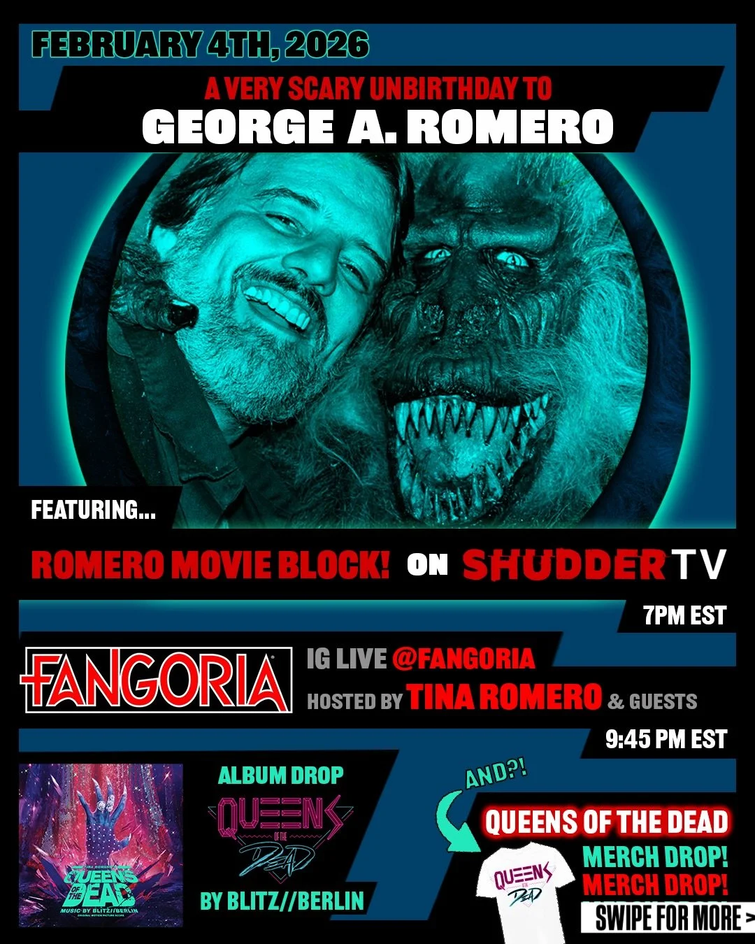 A VERY SCARY UNBIRTHDAY 🧟&zwj;♂️🎂 swipe &mdash;> February 4 2026

Honoring George A. Romero with a full day of music, movies, merch &amp; community:
🖤 Romero Movie Block on @shudder at 7pm ET &emsp;&emsp;The Amusement Park &rarr; Queens of the 