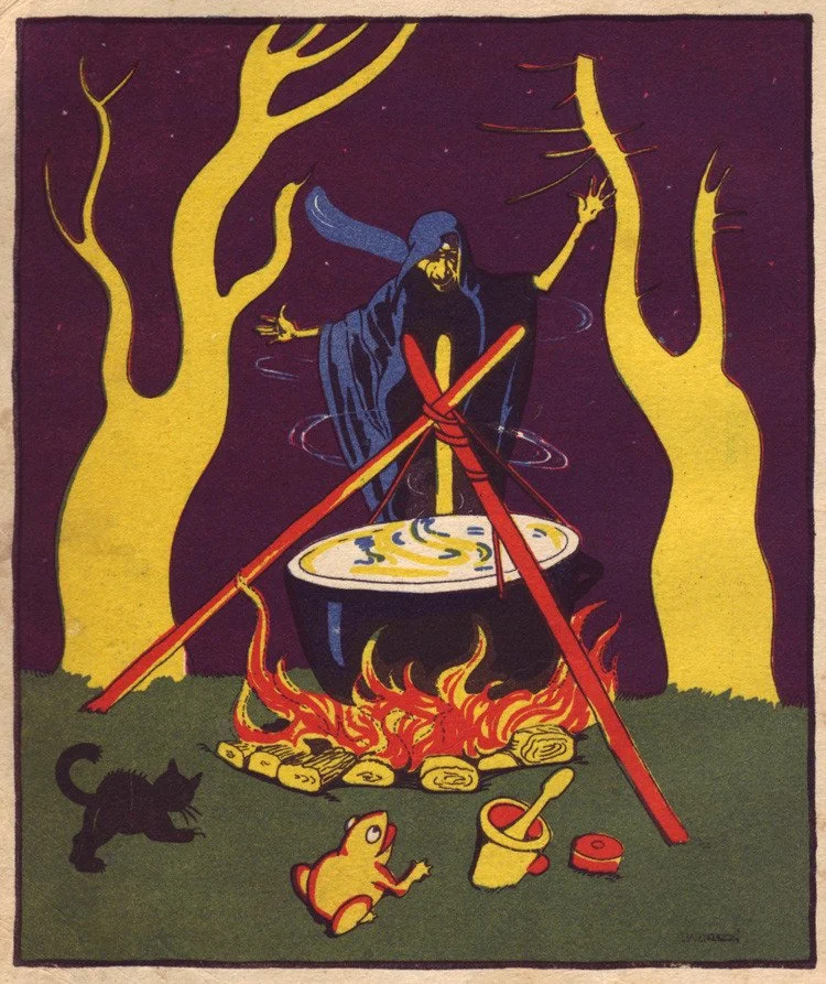 A wizard-like figure stirring a bubbling cauldron over a fire, with a black cat, a small bear-like creature, and a mortar and pestle in front, surrounded by leafless yellow trees against a dark purple sky.