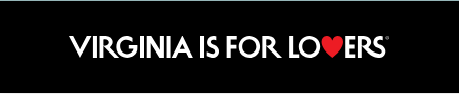 Black background with white text saying 'Virginia is for Lovers' and a red heart replacing the 'V' in 'Lovers'.