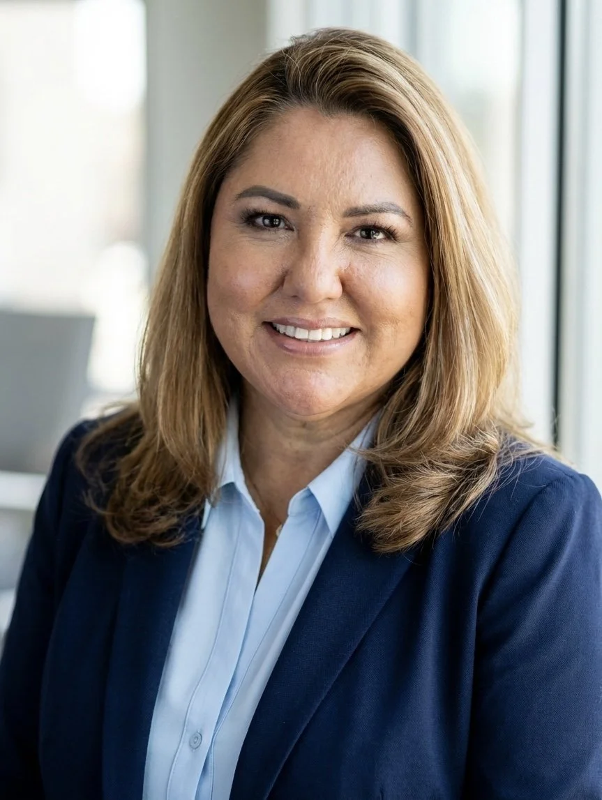 A professional woman with shoulder-length light brown hair, wearing a navy blazer and a light blue collared shirt, smiling at the camera indoors near windows.