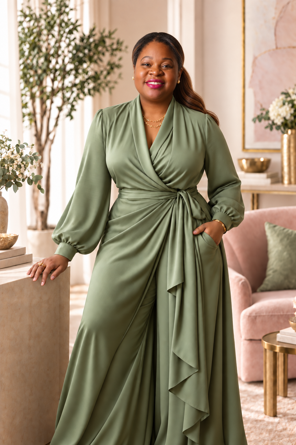 Dr. Krystal Ferrell in a sage green flowing professional dress
