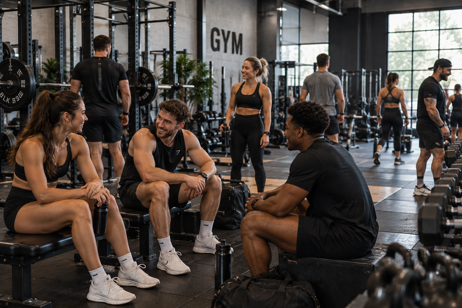 Group of people talking and smiling in a gym workout area, with weights and exercise equipment in the background.