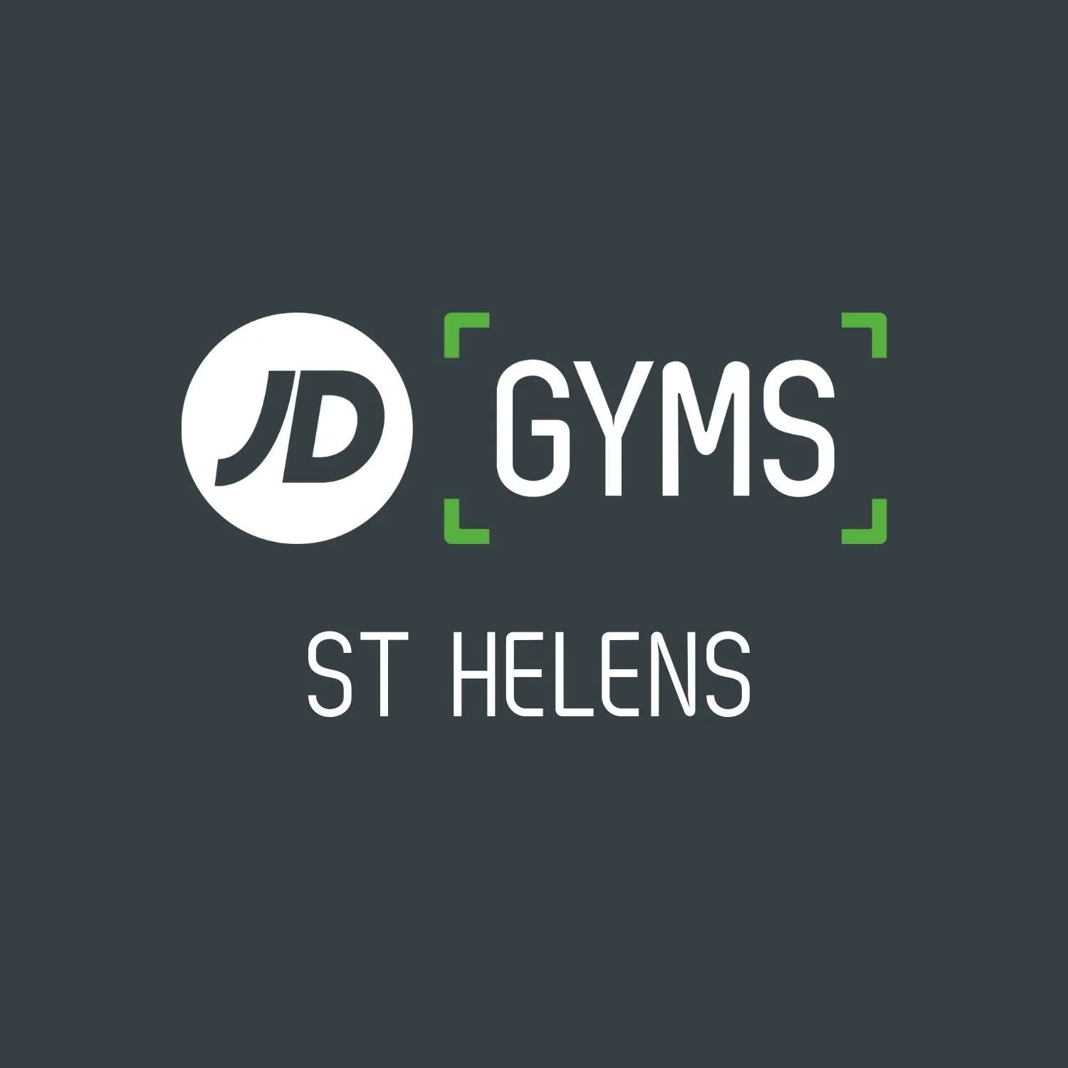 Logo for JD GYMS located in St. Helens, featuring a dark background, a white circle with a stylized 'JD' inside, and the text 'GYMS' next to it with green corner accents.