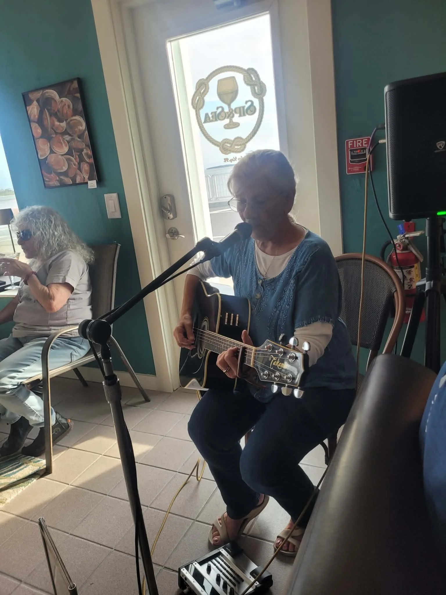 An elderly woman with glasses playing an acoustic guitar and singing into a microphone in a restaurant or cafe. Another woman with curly hair and sunglasses is seated nearby, using her phone. The background shows a door with a logo, a fireplace fire 