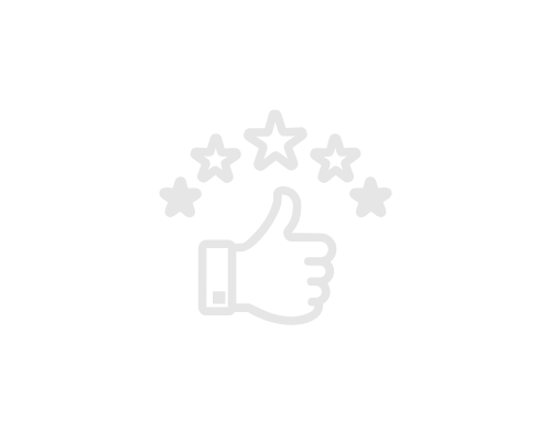 Thumbs up icon with five stars above it on a black background.