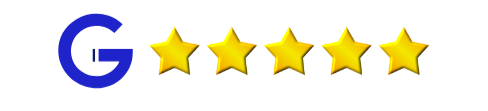 Five yellow stars next to a blue Google G, indicating a five-star rating on Google.
