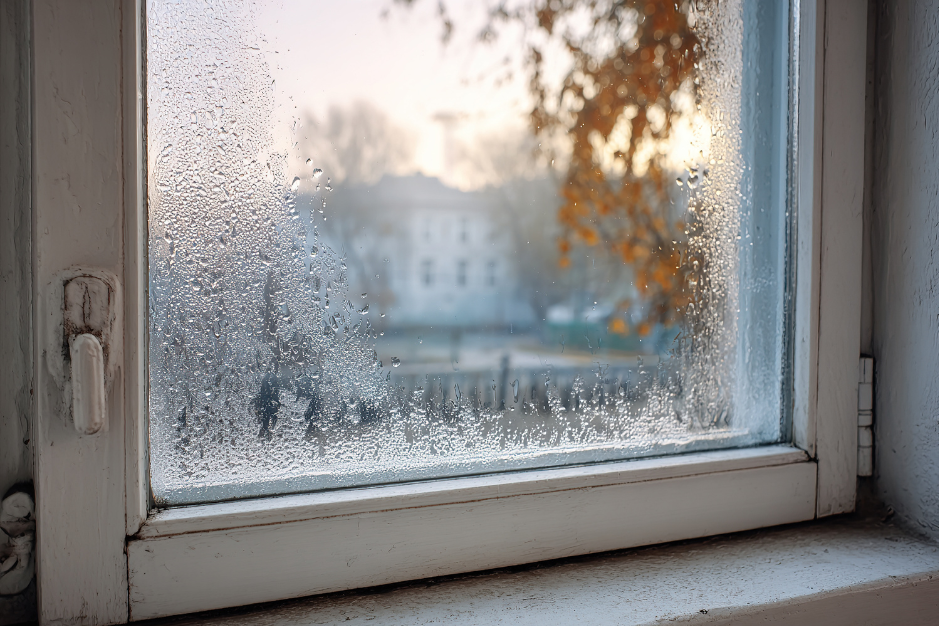 Frosted window with condensation on glass, blurry autumn tree and house outside.