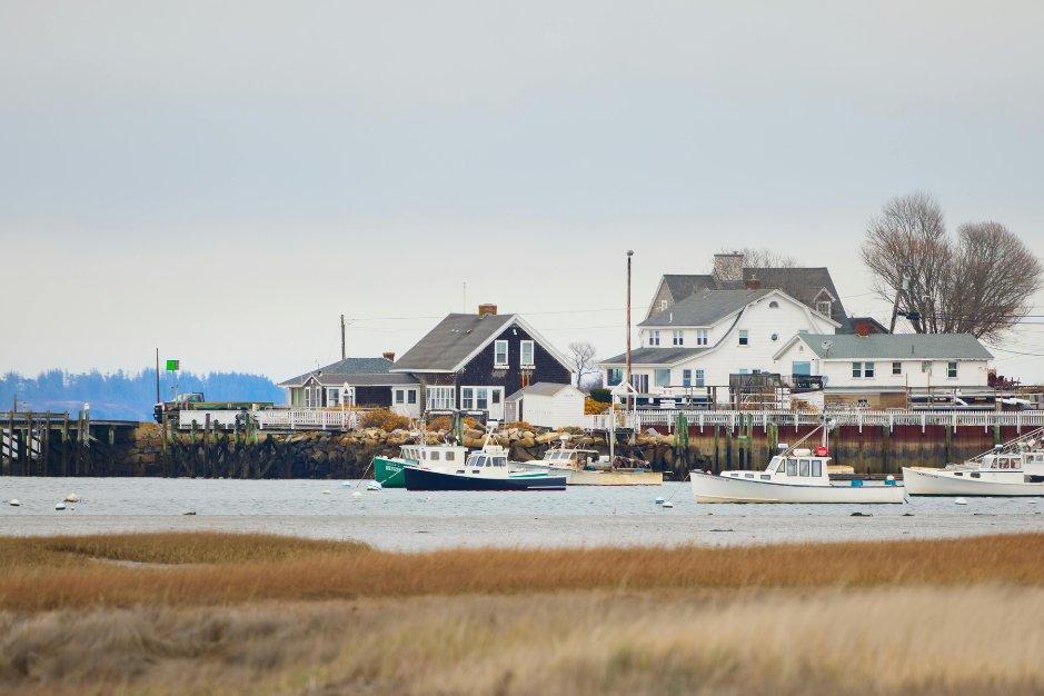 View of houses along a waterfront with boats anchored in the water and a grassy marsh in the foreground.