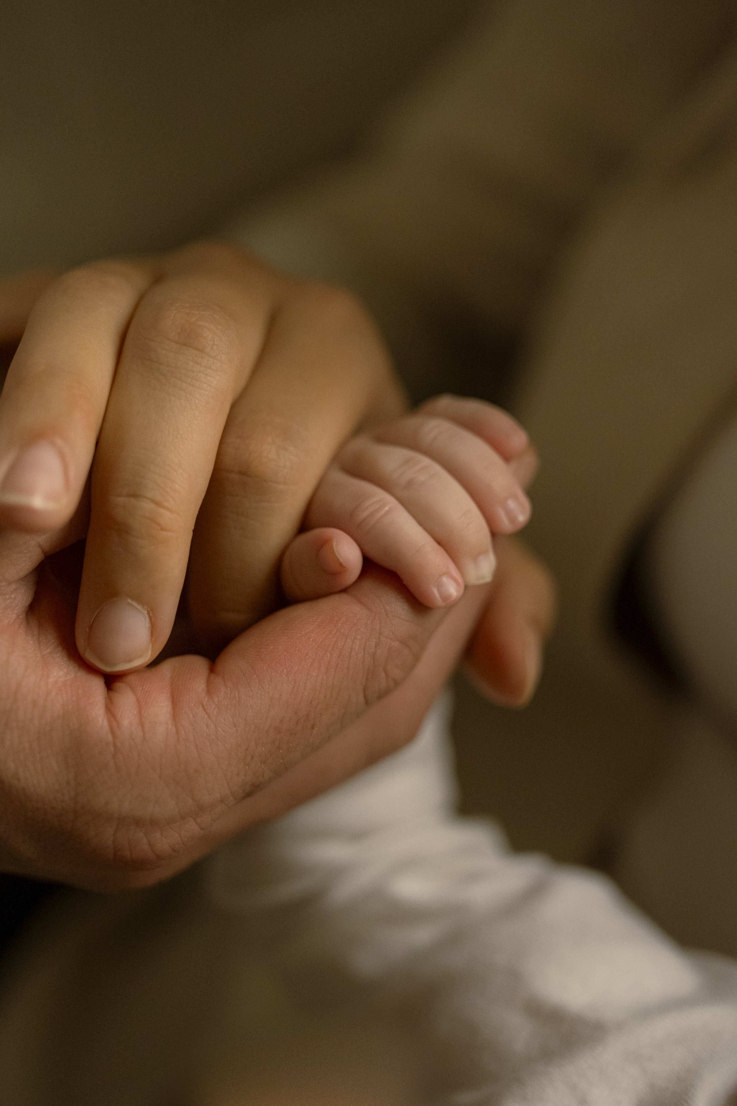 Une main d'adulte tenant doucement une main d'enfant, symbolisant soin et protection.