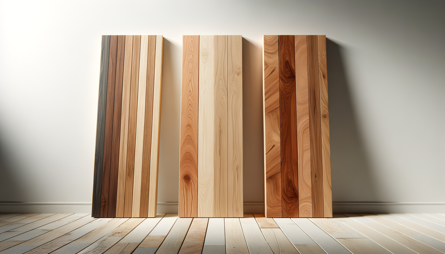Three wooden paint sample boards with different shades of wood grain, standing upright against a white wall on a light wood floor.